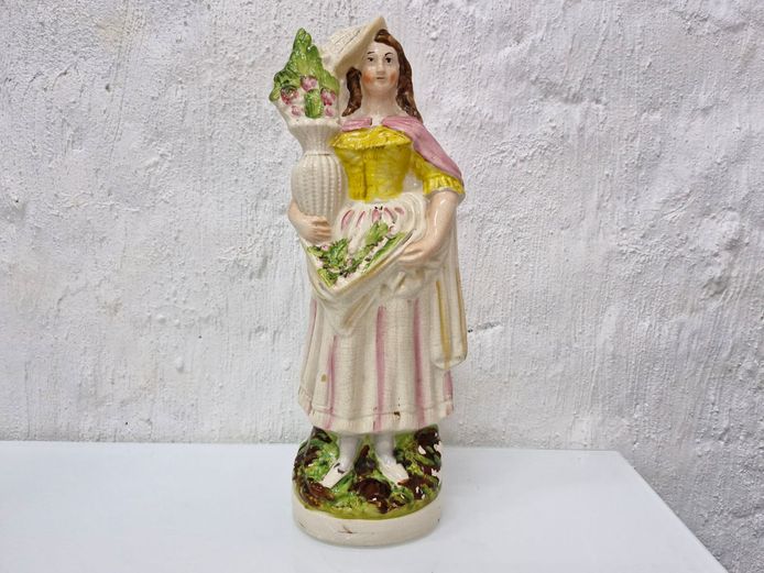 Vintage Staffordshire-Style Ceramic Lady Figurine with Floral Cornucopia / Basket