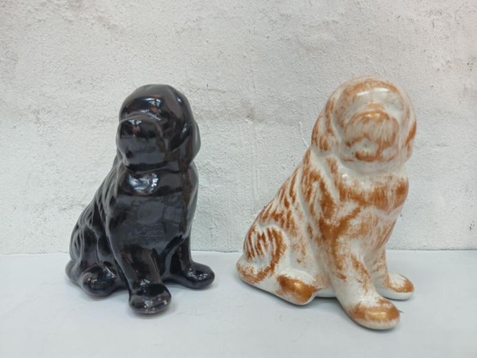 Pair of Vintage Panted Ceramic Seated Dog Figurines