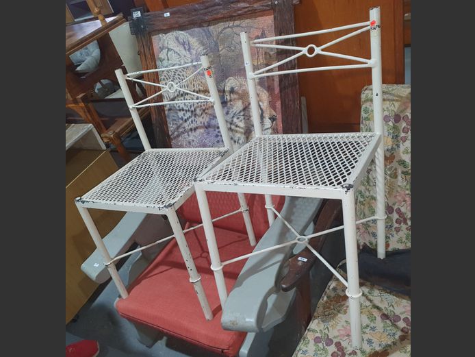 PAIR CREAM PAINTED METAL PATIO CHAIRS