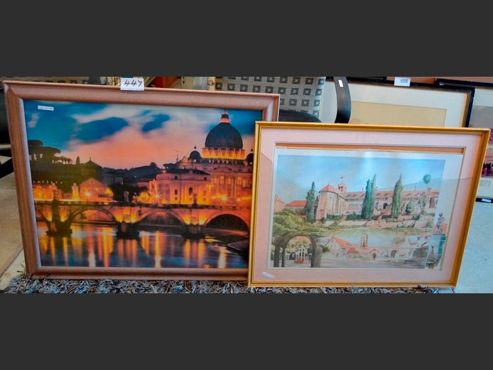 LOT; 2 x FRAMED PRINTS "BUILDINGS", 73 x 58cm & 64 x 45cm [Damage to 1]