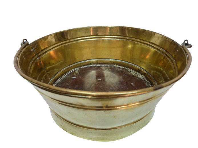 Antique Large Brass Hearth Bucket with Swing Handle (c. Early 20th Century)