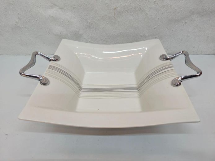 Modernist Ceramic Serving Dish with Chrome Handles