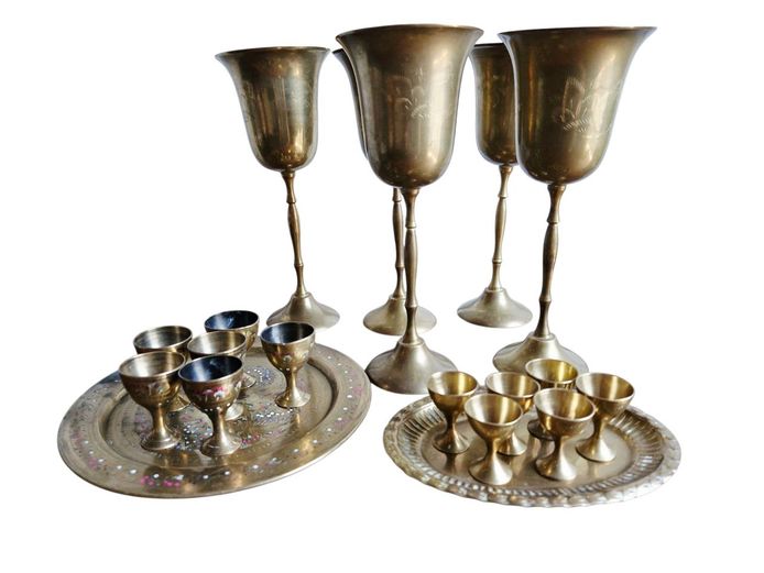 Vintage Miniature Brass Cordial Sets & Brass Goblets