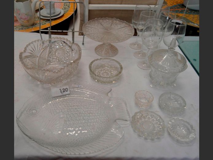 CUT GLASS TAZZA STAND, CUT GLASS BOWL, SWEETS DISH WITH LID, FISH PLATTER, etc