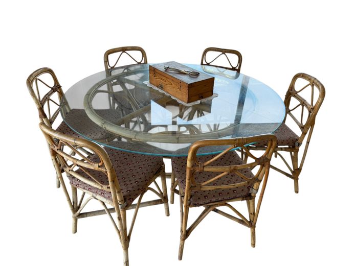 6-Seater Cane Dining Set with Glass Top