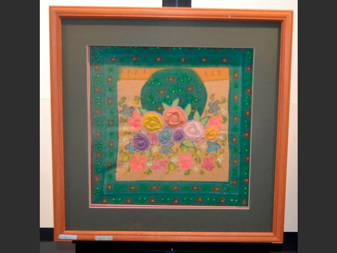 FRAMED UNUSUAL FABRIC ARTWORK, 42 x 42cm [Glass needed]