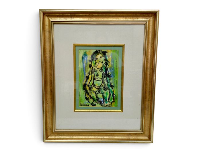 Frans Claerhout (1919–2006) – Seated Figure in Green, Framed Mixed Media on Paper
