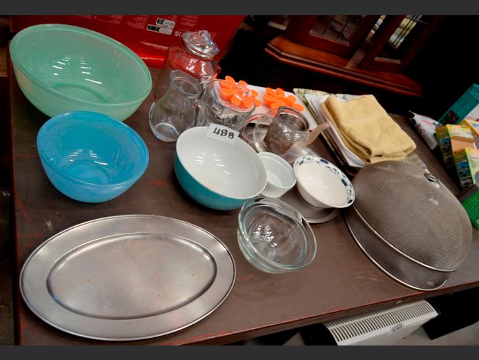 GLASS MIXING BOWL, GLASS ICE BUCKET, TRAYS, etc