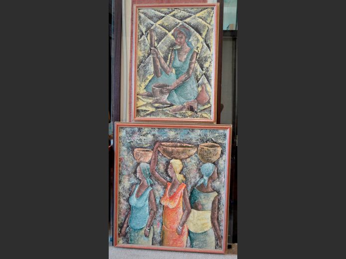 PAIR FRAMED OILS ON CANVAS "AFRICAN LADIES", 82 x 73cm & 72 x 50cm [43480-28]