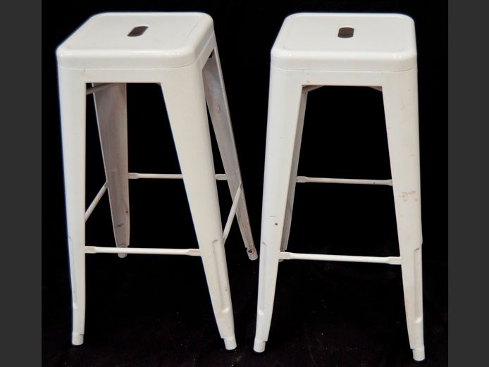 PAIR CREAM METAL BAR STOOLS, 76cm High