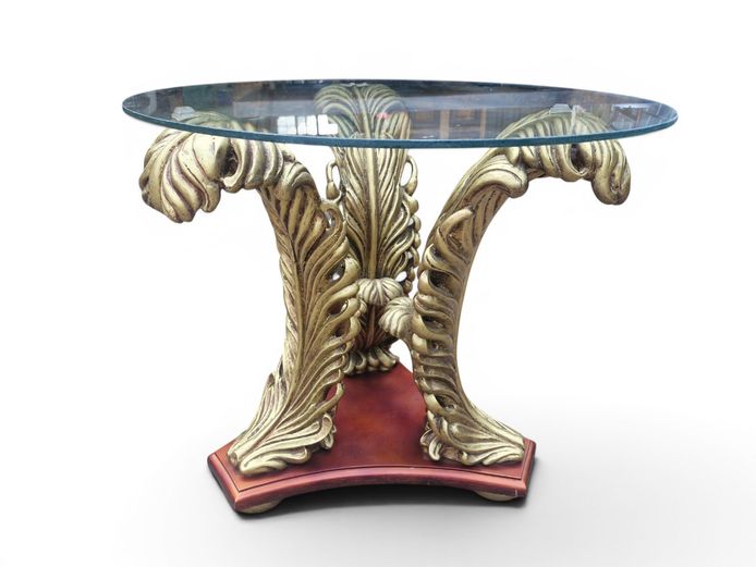 Ornate Gilded Leaf Motif Occasional Side Table with Glass Top