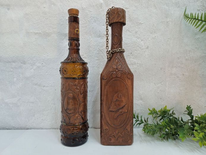 Vintage Amber Relief Glass and Artisan Tooled Leather-Clad Decanters