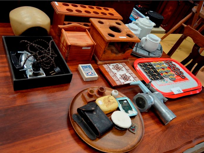 SERVING TRAYS, TEAPOTS, SPICE RACK, etc