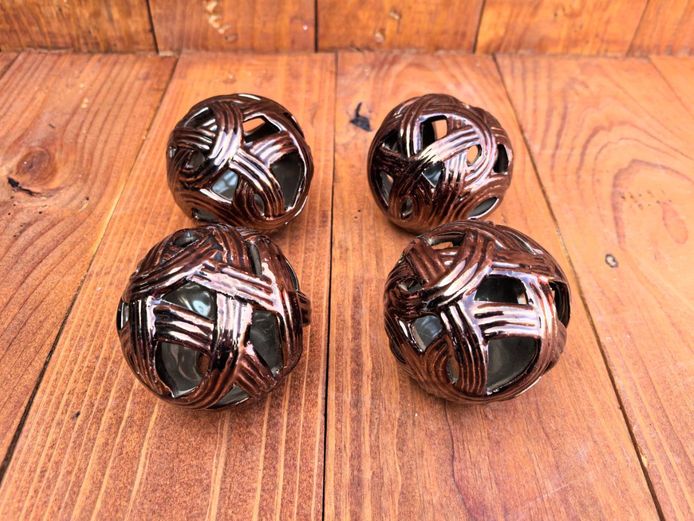 Set of 4 Bronze Glazed Openwork Ceramic Orbs
