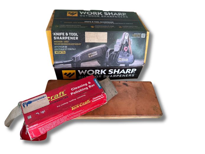 Work Sharp Knife and Tool Sharpener with cleaning and polishing bar and leather buffing bar