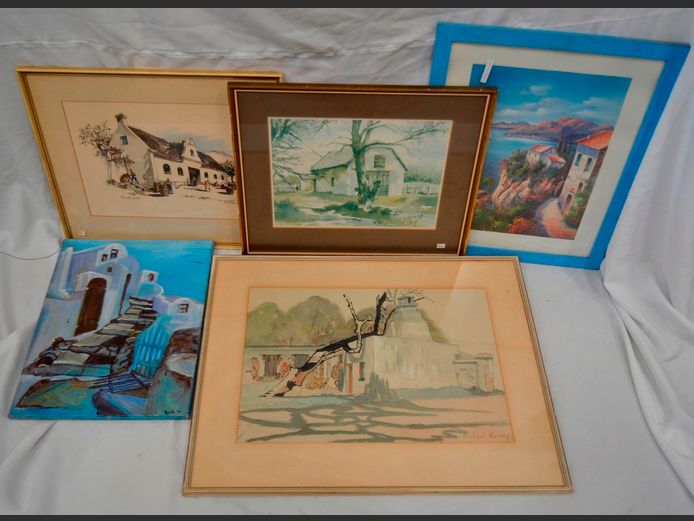 FRAMED OIL ON BOARD "HOUSES", WATERCOLOURS & FRAMED PRINTS