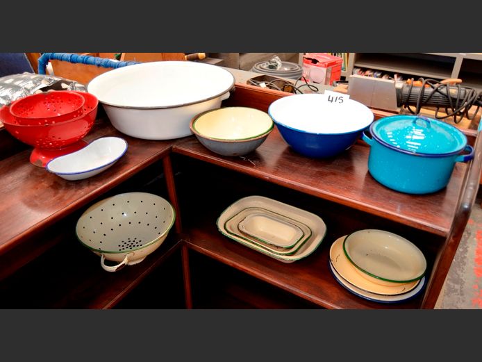 ENAMELWARE: POT WITH LID, BASIN, BOWLS, COLANDERS, etc