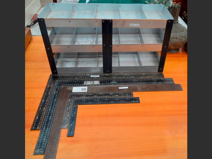 LOT: SQUARES & A GALVANISED NUTS & BOLTS SORTER, 61 x 21 x 31cm (Sorter)