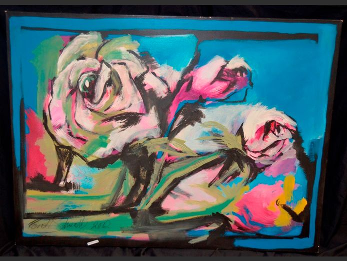 UNFRAMED OIL ON CANVAS "ROSES" SIGNED RONELL SCHWALB, 122 x 91cm