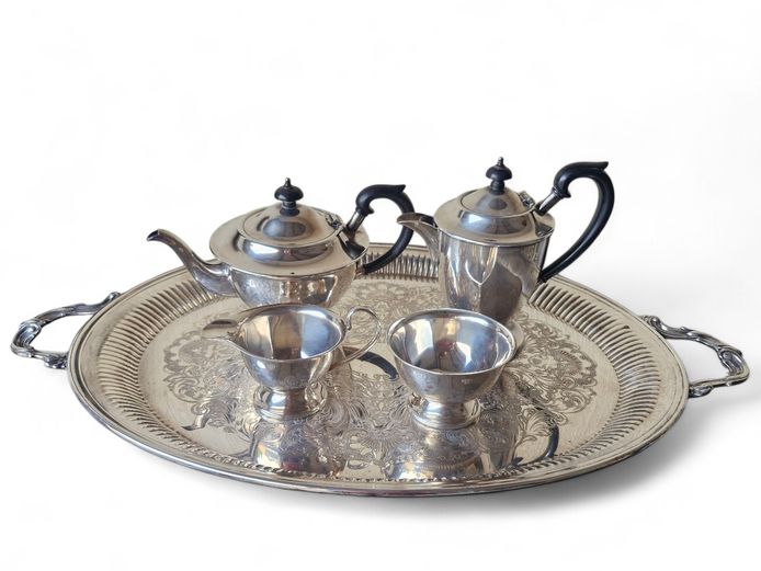 Antique Silver Plated Tea Set on Serving Tray