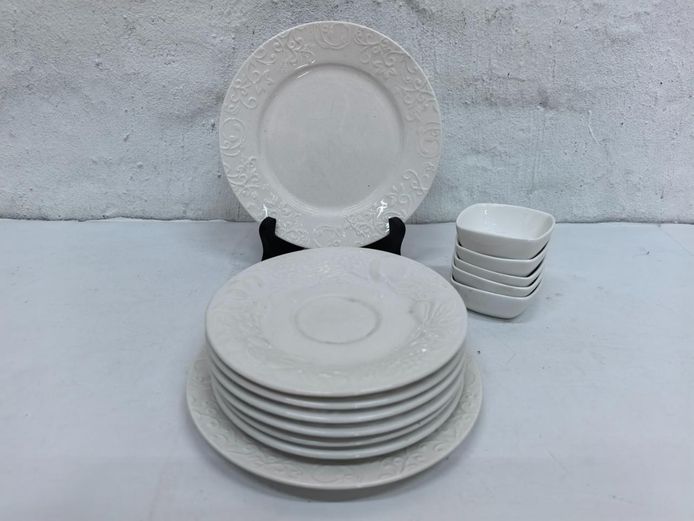 Assorted Embossed Ceramic Plates, Saucers, and Small Bowls Set