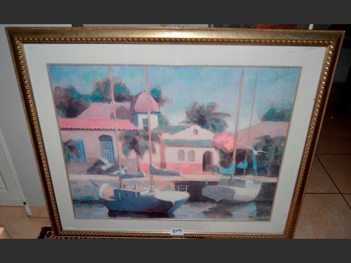 GILT FRAMED PRINT "HOUSE & YACHTS", 100 x 80cm