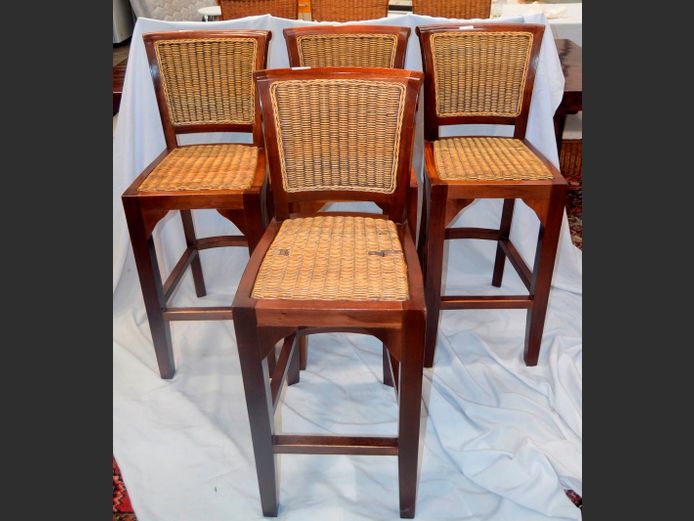SET OF 4 WICKER & DARKWOOD BAR STOOLS, 71cm High [Wicker damaged to 3]