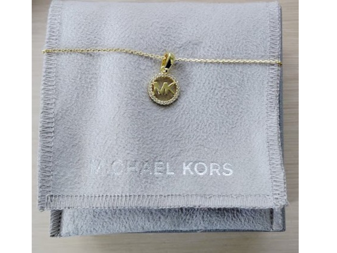 MICHAEL KORS PRECIOUS METAL-PLATED PAVE LOGO CHARM NECKLACE