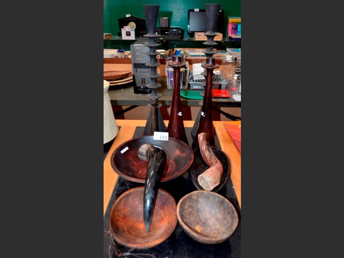 WOODEN BOWLS, CANDLESTICKS, HORNS, etc