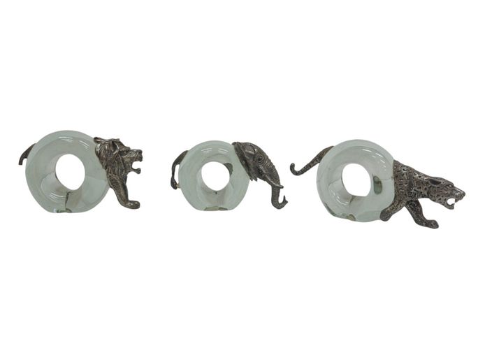 Set of 3 Ngwenya Glass & Pewter African Wildlife Napkin Rings / Figurines