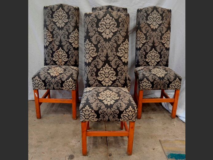 SET OF 6 GREY UPHOLSTERED HIGH BACK DINING CHAIRS [Cat scratches, upholstery needs a clean]