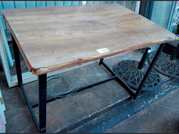 METAL TABLE BASE WITH WOODEN TOP, 110 x 70cm [Needs TLC]
