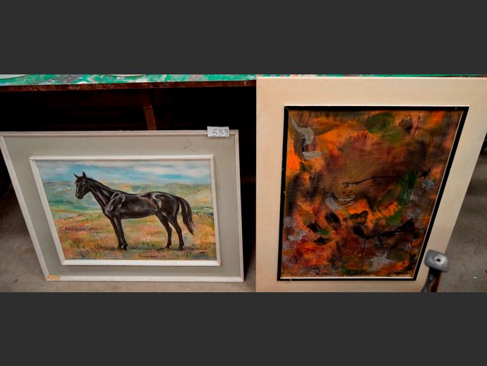FRAMED OIL ON BOARD "HORSE", 69 x 49cm, & AN ABSTRACT PICTURE, 60 x 45cm