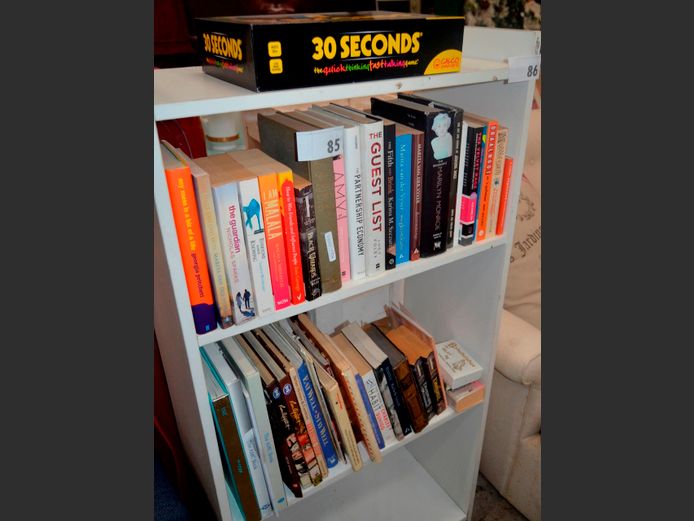 LOT ON 2 SHELVES: ASSORTED BOOKS & A 30 SECONDS BOARD GAME