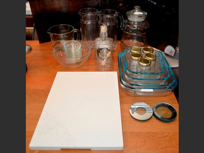 PYREX CASSEROLES, GLASS JUGS, GRANITE CHOPPING BOARD, etc