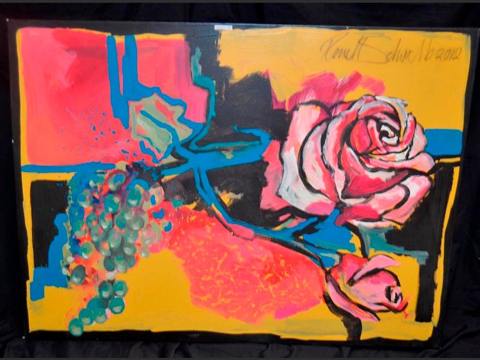 UNFRAMED OIL ON CANVAS "ROSES" SIGNED RONELL SCHWALB, 122 x 91cm