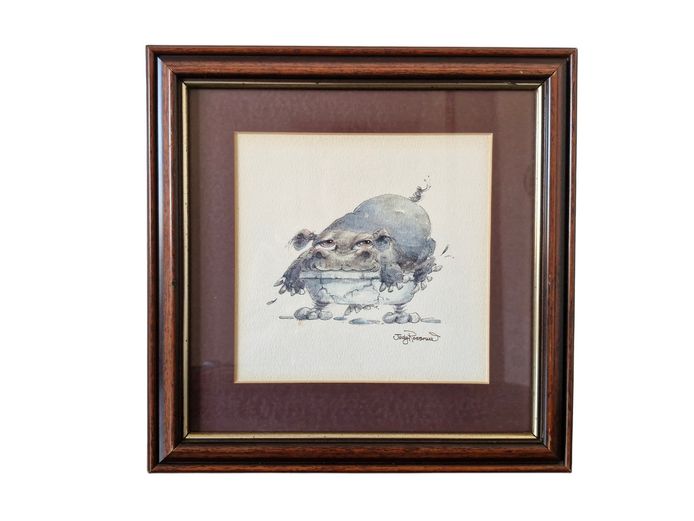 Judy Rossouw Signed Whimsical Hippo Illustration – Framed