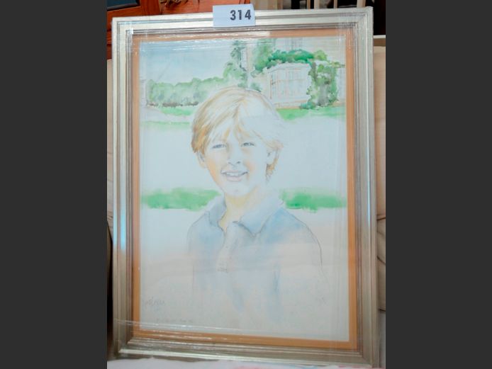 SILVER GILT FRAMED WATERCOLOUR "BOY", 49 x 34.5cm