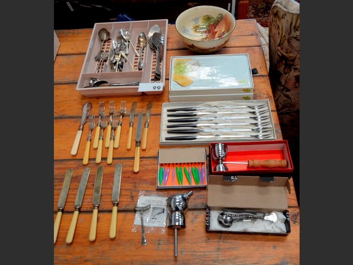 CARROL BOYES TEASPOON, ROYAL DOULTON BOWL, BONE HANDLED KNIVES & FORKS, etc