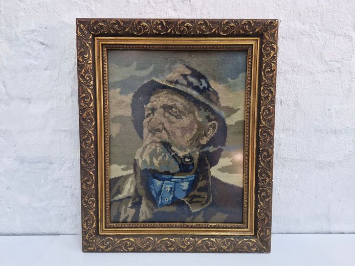Vintage Framed Needlepoint Tapestry Portrait "Old Sea Captain"