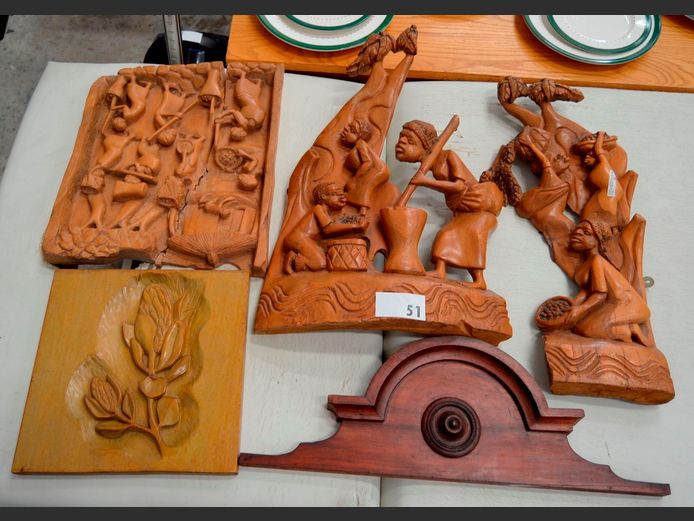 CARVED AFRICAN WALL PLAQUES, etc