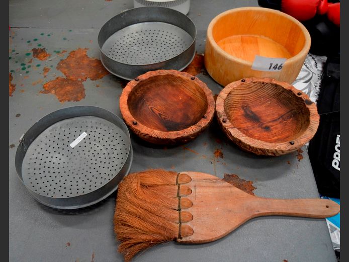 WOODEN BOWLS, GALVANISED SIEVES, etc