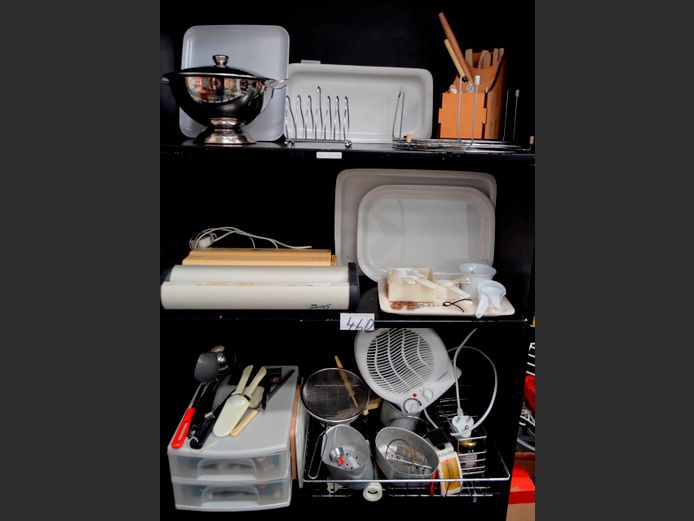 LOT ON 2 SHELVES: VACUUM SEALER, CUTLERY, TRAYS, FAN HEATER, etc [Untested]
