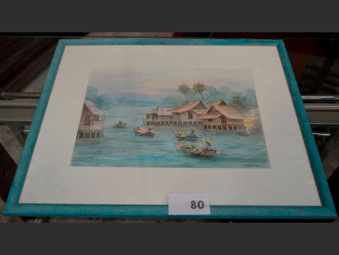 FRAMED & SIGNED WATERCOLOUR "CHINESE VILLAGE SCENE", 37 x 26cm