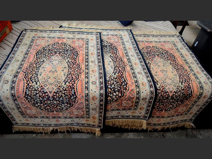 SET OF 3 BLACK, BEIGE & PINK SILK PERSIAN RUGS, 106 x 64cm