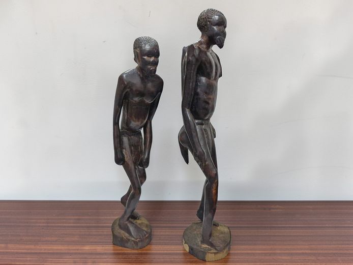 Pair of Hand-Carved African Wooden Hunter Figures
