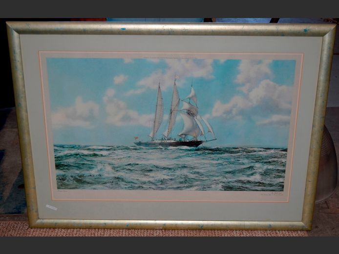 SILVER GILT FRAMED & PENCIL SIGNED PRINT "SAIL BOAT", 91 x 54cm