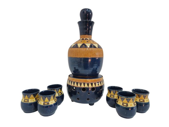 Vintage Studio Pottery Glazed Drink Warmer Set with Decanter and Cups