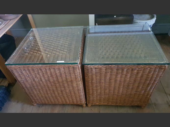 PAIR WICKER GLASS TOP SIDE TABLES, 50 x 50 x 52cm