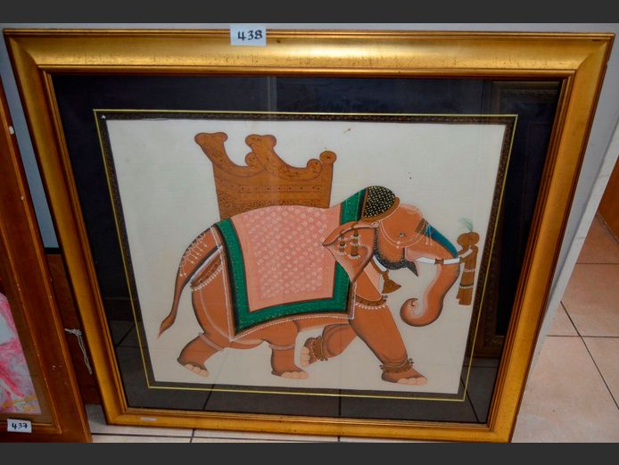 GILT FRAMED PAINTING ON FABRIC "ELEPHANT", 85 x 75cm